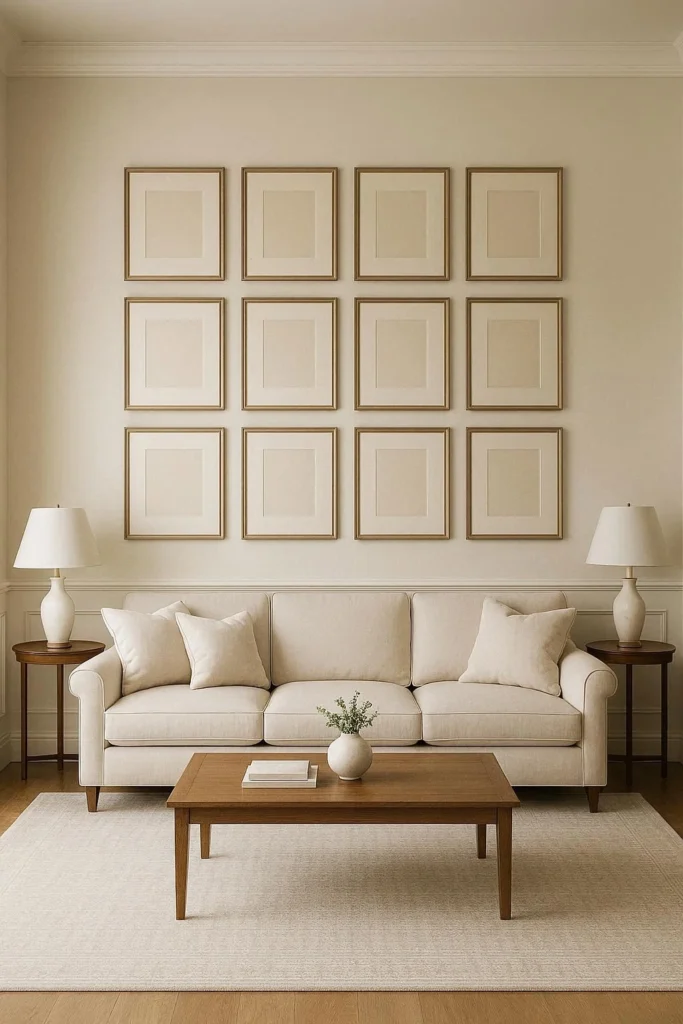 Symmetrical Gallery Wall Layout Above the Sofa