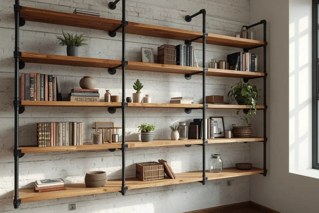 Industrial Chic Wall Storage Using Pipes and Reclaimed Wood